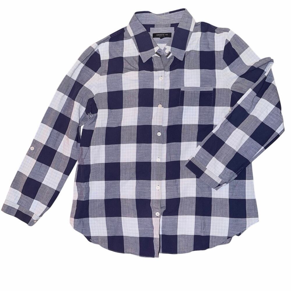 Lafayette 148 blue white large gingham check button front long sleeve top large